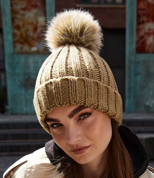 BB412 Beechfield Faux Fur Pop Pom Chunky Beanie